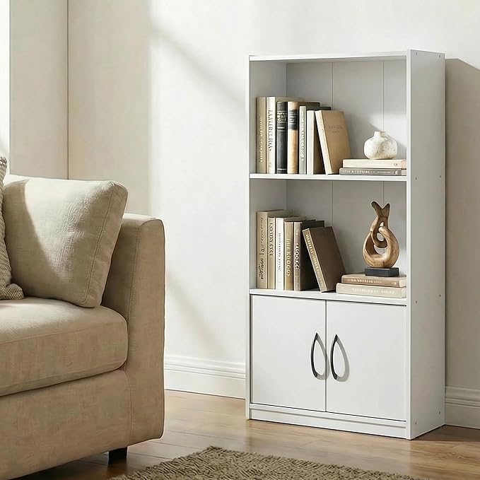Furinno Gruen Book Shelf, 3-Tier Bookshelf, Bookcase with Open Shelf and 2 Doors Storage Cabinet, 9.3 x 21.8 x 39.5, for Organization and Storage, for Living Room, Bedroom, Home Office, White