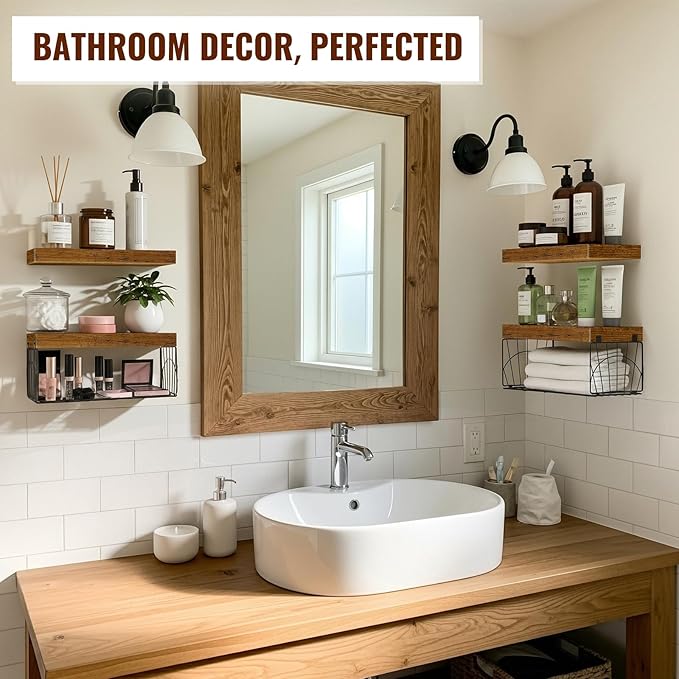 4 Pack Wall Mounted Rustic Wood Floating Shelves with 2 iron Hanging Baskets, Bathroom Shelves Over Toilet, Toilet Paper Storage, Farmhouse Decor Hanging Shelf for Living Room, Kitchen, 16 inch, Brown