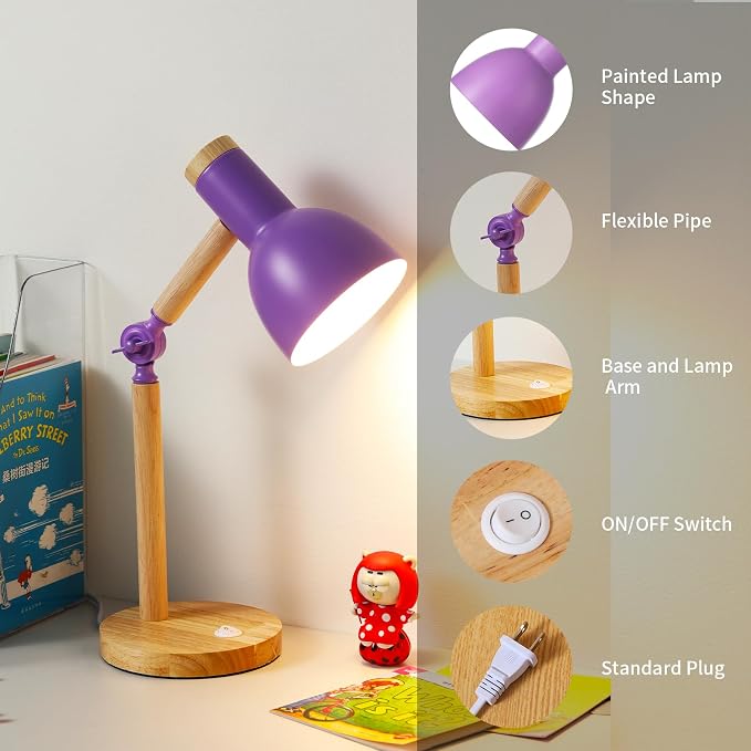 Table Lamp,Small Wood Desk Light, Tri-Color 5W Wooden Desk Lamp,Dorm Lamp,Eye Protection Desk Lamp,Metal Shade Suitable for Living Room, Bedroom,Students' Dormitory and Study Room (Purple)