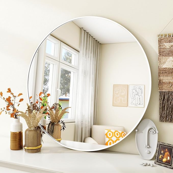 VooBang White Round Bathroom Mirror, 20 inch Circle Mirror,with Simple Metal Frame, Modern Round Hanging for Bathroom, Hallway, Livng Room (White Frame)