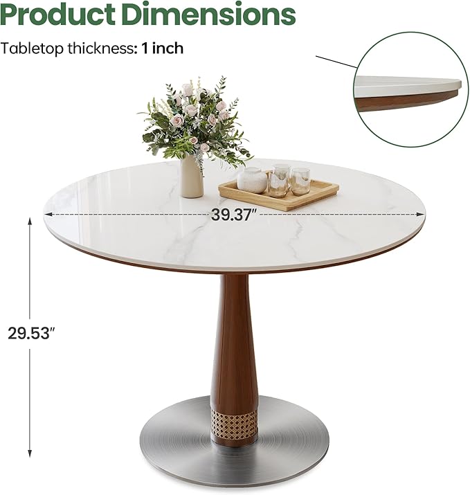 39” Round Dining Table with Solid Wood Base, White Sintered Stone Tabletop, Scratch and Heat Resistant, Modern Marble Table for Kitchen, Dining Room