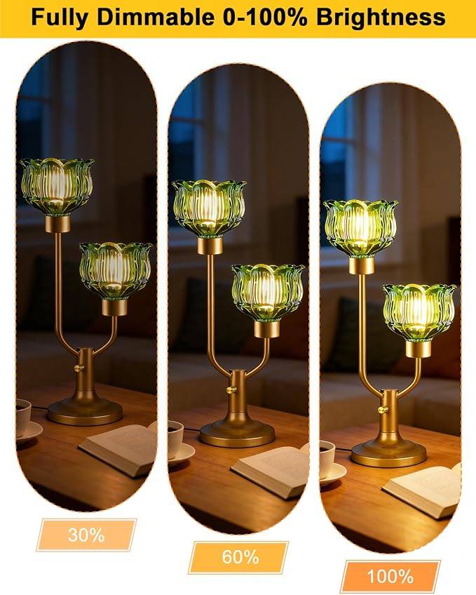 Lightdot Vintage Green Glass Table Lamp for Bedroom Dimmable Mid Century Modern Desk Lamp Gold Flower Nightstand Lamp 2 Bulbs Included Warmwhite Ambient Bedside Lamps for Living Room Home Office Decor