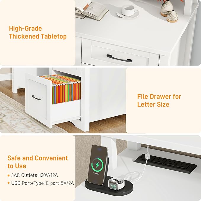 Vabches 47" Farmhouse Executive Desk with Monitor Stand & File Cabinet,3 Drawers Computer Desk with LED Lights and Power Outlets,Workstation for Home Office, Study,Writing.（White）