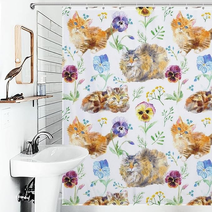 Cat Shower Curtain,Cute Cartoon Colorful Pets Paw Bathroom Curtain Polyester Waterproof Fabric Decor 72x72in（183x183cm）