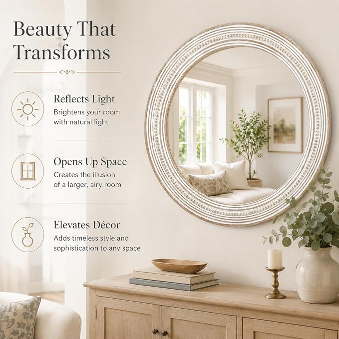 Reflinto 24 Inch Boho Wooden Round Mirrors for Wall Decor, | Rustic Farmhouse Decorative Circle Mirror for Bathroom Over Sink, Living Room, Entryway, Bedroom
