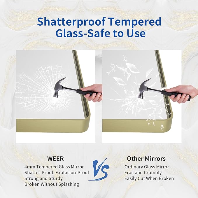 WEER Gold Bathroom Mirror, 60x30 Inch Brushed Gold Metal Frame, Rounded Rectangle Vanity Mirror for Wall, Tempered Glass, Anti-Rust, Hangs Horizontally or Vertically