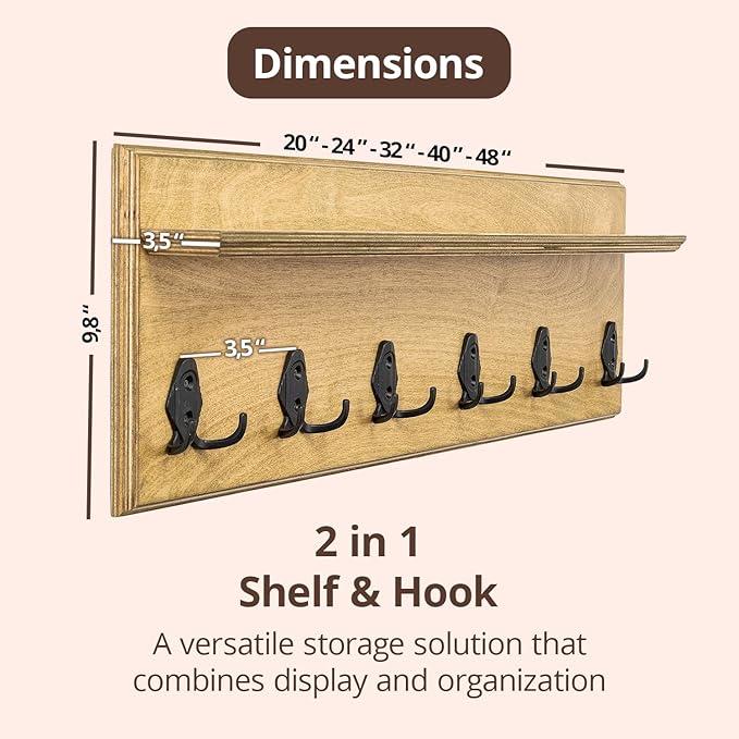 Rustic Wall Mounted Coat Rack with Shelf Wooden Entryway Organizer with 5 Metal Hooks for Coats Hats Towels Keys Floating Storage Shelf for Bathroom Bedroom (Jade, 45 inch 8 Hooks)