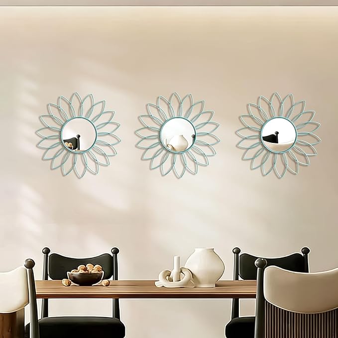 3 Pack Metal Mirrors for Wall Sunburst Wall Mirrors Home Décor Decorative Hanging Wall Art for Living Room Bedroom Entryway (Blue, Flowers)