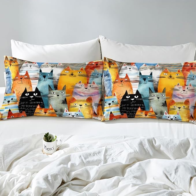 Erosebridal Trendy Cats Comforter Cover Twin Cute Pets Cat Bedding Set Abstract Cat Animals Duvet Cover for Kids Girls Boys Adults Oil Painting Strokes Brush Bed Set
