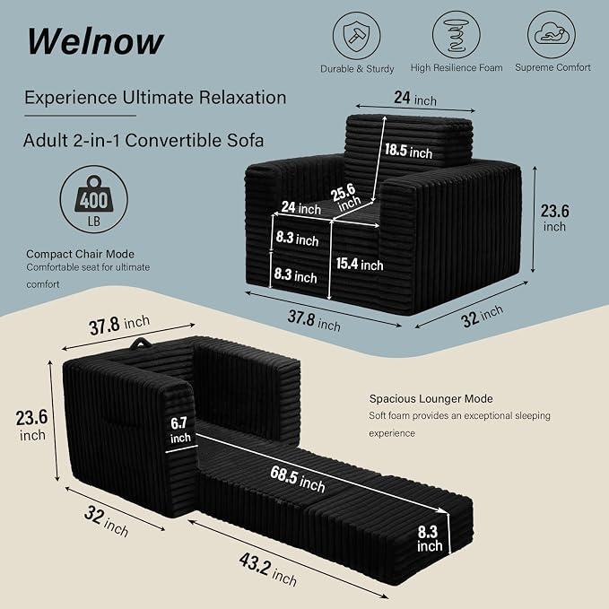 Welnow Folding Sofa Bed with Ottoman, Convertible 2-in-1 Boneless Couch Futon Lounge Chair Bed for Adults, Comfy Fold Out Sleeper Sofa for Small Spaces, Living Room, Bedroom, or Dorm, Black
