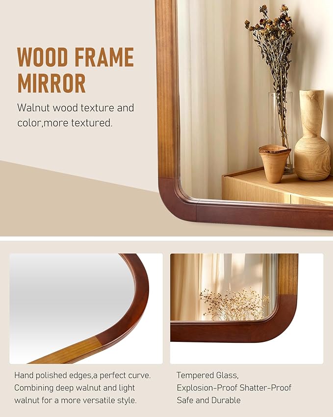 Arch Large Mirror 30 x 40 Inch,Brown Wood Rustic Bathroom Tempered Wall Mirror with Wood Frame,Round Corner Arch Farmhouse Wooden Vanity Mirror for Living Room,Entryway or Bedroom