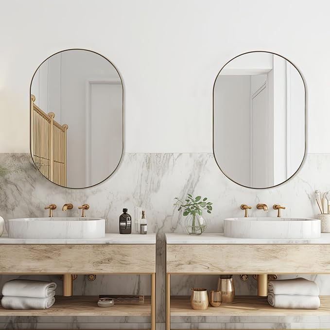 ANDY STAR 26x38 Inch Gold Oval Mirror, Oval Brass Mirror Pill Shaped Stainless Steel 1’’ Deep Metal Frame Wall Mounted Vertically & Horizontally Ideal for Limited Space