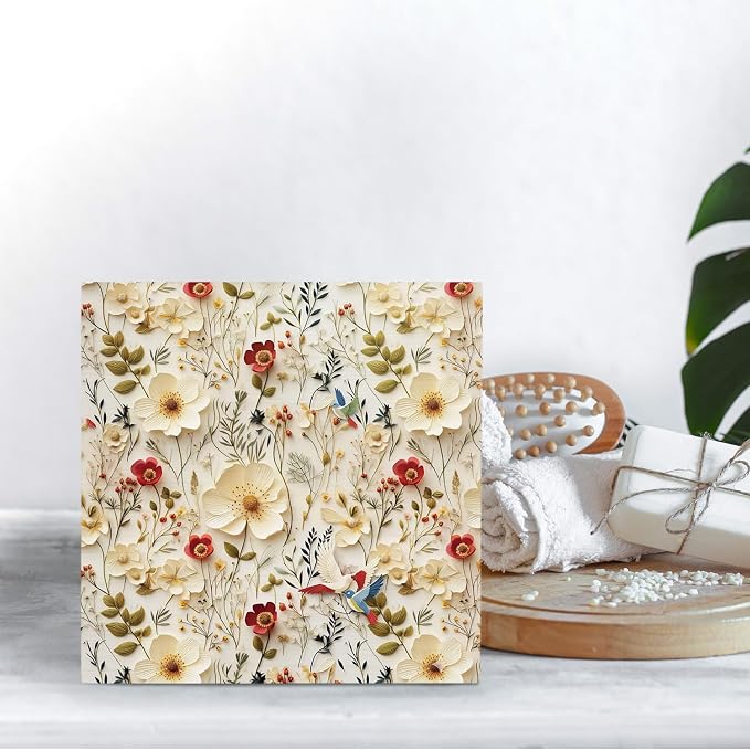 Spring Floral Bird 3D-Style Wooden Box Sign Desk Decor, Vintage Exquisite Rustic Wildflower Botanical Wood Signs for Home Living Room Office Desk Table Shelf Decorations, 5x5 Inch