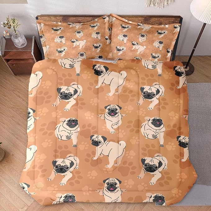 Comforter Set with Pillowcase Twin Size, Cute Brown Pug Dog Lover, Bed Decor Happy Puppy Animal Paws Gift for Kids and Adults, Soft Cozy Bedroom Bedding Set