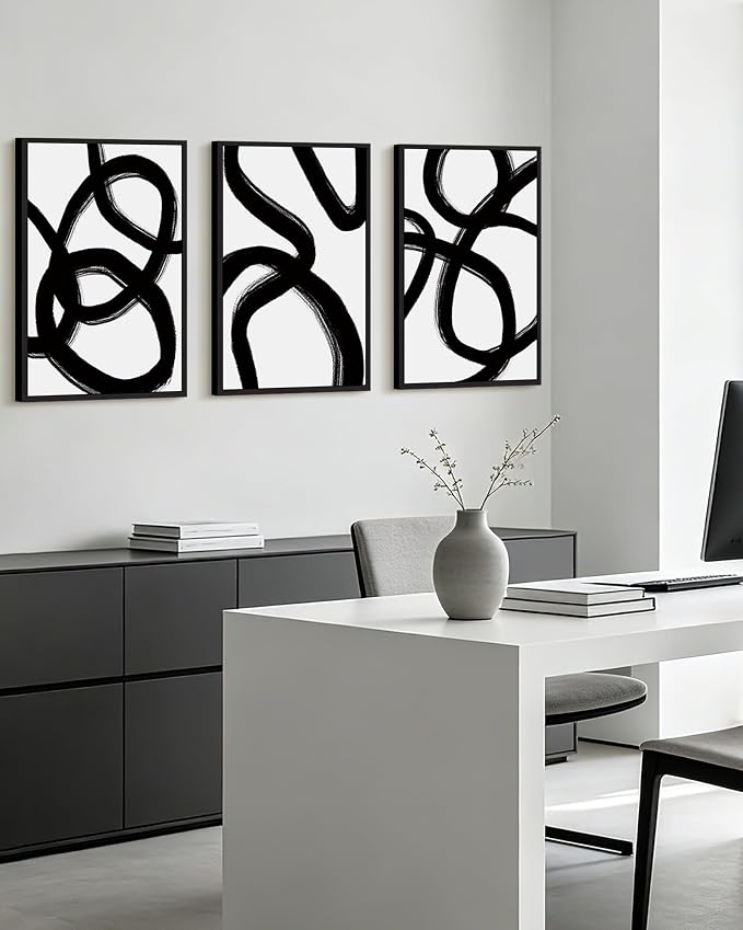 KUVIOKE Black and Gray Abstract Framed Wall Art Ink Wash Minimalist Lines Painting Artwork for Bedroom Hallway 16x24in (Black Framed)