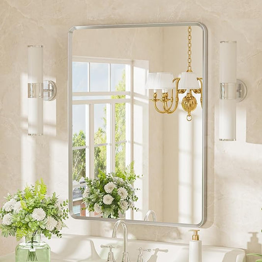 24x36 inch Brushed Nickel Bathroom Mirror, Silver Metal Framed Rounded Rectangle Wall Mount Vanity Mirror, HD Tempered Glass, Aluminum Frame, Horizontal or Vertical Hanging, Modern Home Decor