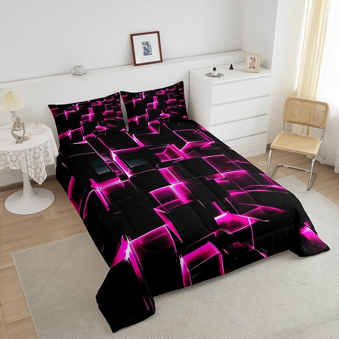 Erosebridal Honeycomb Square Comforter Set for Kids Girls 3D Geometric Square Bedding Twin, Pink Black Neon Lights Bedding Sets, Gradient Print Duvet Insert with 1 Pillow Case