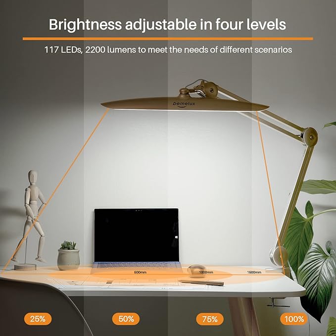 LED Desk Lamp with Clamp, Dimming Task Lamp for Reading Desktop Office Workbench Table Architect Sewing Study Home Craft, 117PCS LEDs, 2200 Lumens 20 Inch Metal Swivel Arm Work Lamp (Gold)