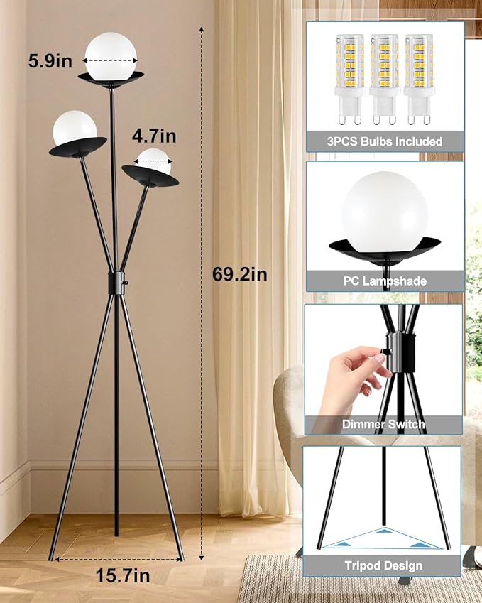 3 Globe Dimmable Tripod Floor Lamp, Mid Century Floor Lamps with 3Pcs 3000K Bulbs Included, Modern Standing Tall Lamp for Living Room Bedroom Office-Black