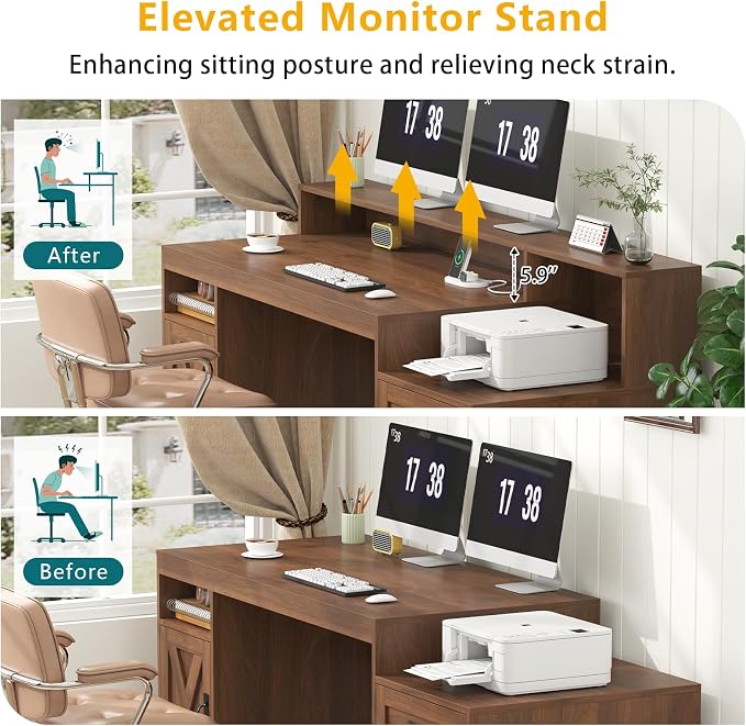TVU Farmhouse Computer Desk with Drawers, 65'' Home Office Desk with Power Outlets, Storage Cabinet and Printer Stand, Study Writing Desks with Long Monitor Stand, Brown