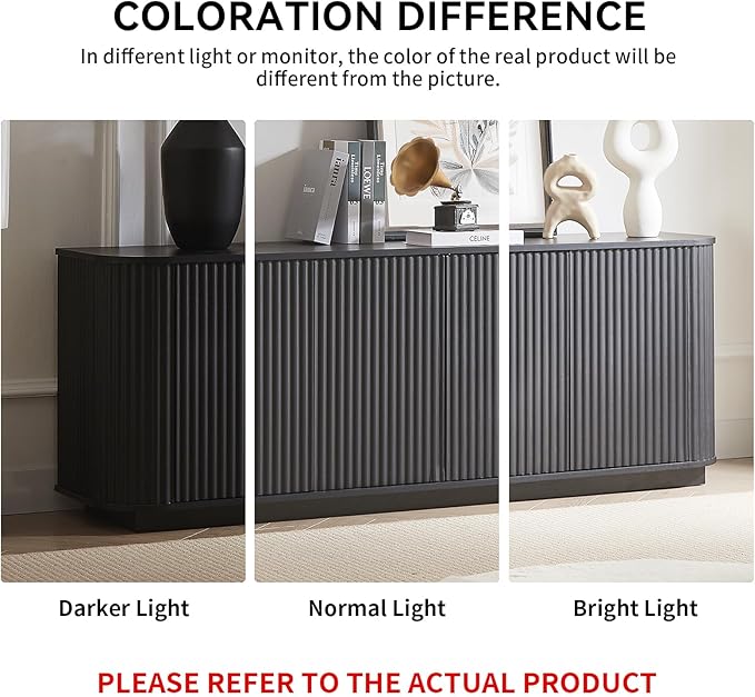 LKTART 64" Sideboard Buffet Cabinet with Storage, Wooden Fluted Storage Cabinet Sideboard Credenza with Adjustable Shelves Pressed Spring for Kitchen Living Room (Black)