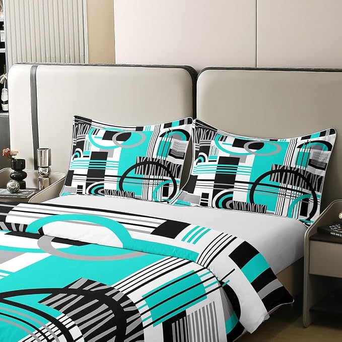 Erosebridal Art Deco Mid Century Duvet Cover Set Retro Modern Abstract Geometric 100% Cotton Comforter Cover Black and White Teal Circles Stripes Twin Bedding Sets for Girls, Contemporary Bed Set