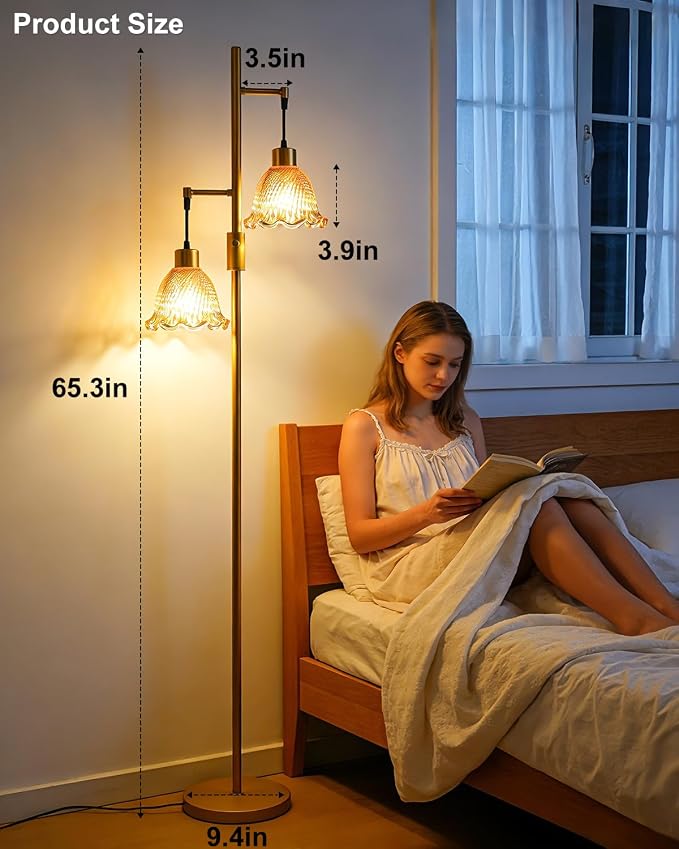 2-Light Modern Glass Floor Lamp, Gold Tall Standing Lamp with Deep Red Bell Glass Shade for Reading, Dimmable LED Floor Lamp with 5Lbs Heavy Base for Living Room Bedroom Home Decor, Bulb Included