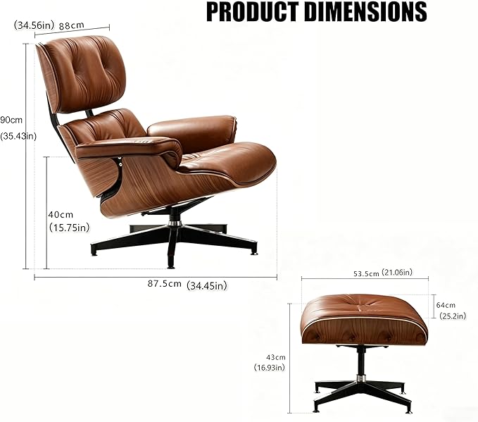 Mid Century Chaise Lounge Chair with Ottoman, Modern Retro Classic Design, PU Leather & Walnut Wood, Heavy Duty Metal Support, Comfortable for Living Room Bedroom Office（Brown-Premium）