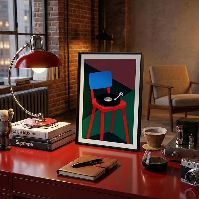 Framed Abstract Music-Inspired Wall Art for Living Room, 12x16 Inch Modern Chair and Vinyl Print, Minimalist Geometric Artwork with Matte Black Metal Frame, Bedroom Office Decor