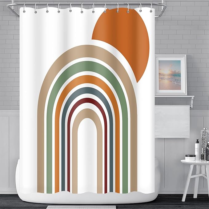 Mid Century Bohemian Shower Curtain - Colorful Stripes Arch Orange Sun Boho Design With Hooks, Waterproof Fabric Polyester, Aesthetics Home Decor, 48x72 Inch