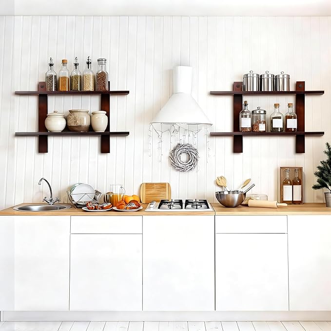 Vercraft Floating Shelves for Wall Set of 2 Long 2 Tier Wood Wall Mounted Shelves Mid Century Modern Decorative Storage Plant Photo Display for Living Room Bedroom Kitchen Office Coffee Bar Decor