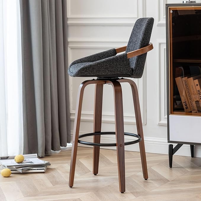 LUNLING 25.6" Counter Height Barstools Mid Century Modern Retro Bar Chairs Charcoal Gray Linen Look Fabric Upholstered and Walnut Wood Frame for Home Bar Furniture(Darkgrey,1PCS)