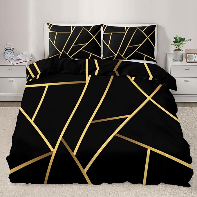 Geometric Duvet Cover Oversized King, Abstract Modern Geometric Stripes Bedding Set 3 Piece, Black Gold Geometry Lines Patterned Comforter Cover with Zipper Soft Microfiber, 2 Pillowcases