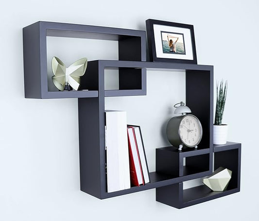 Ballucci Wooden Interweave Floating Wall Mounted Shelves, Horizontal and Vertical Display Storage Shelf for Living Room Bedroom Entryway Hallway Bathroom, 26" x 18", Black