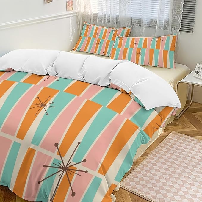 Modern Mid Century Duvet Cover Queen Retro Atomic Bedding Set, Rainbow Grid Comforter Cover Vintage Fifties 1950s Bed Set，Abstract Art Bedding 3 Piece (1 Duvet Cover 90"x90" + 2 Pillow Sham 20"x30")