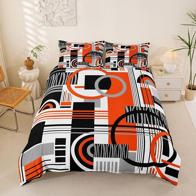 Erosebridal Art Deco Mid Century Duvet Cover Set Retro Modern Abstract Geometric King Bedding Set for Adult Men Black and White Orange Circles Stripes Comforter Cover Contemporary Bed Sets