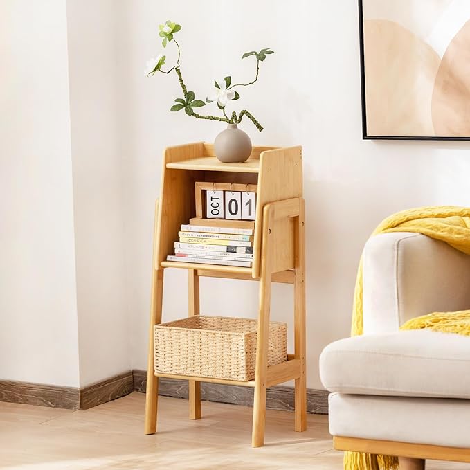 Welnow Bamboo Bookcase with Cabinet, Natural End Table with 1-Tier Storage Shelf, Modern Bedside Organizer Side Table for Bedroom or Living Room, Wood Bookshelf with Open Space