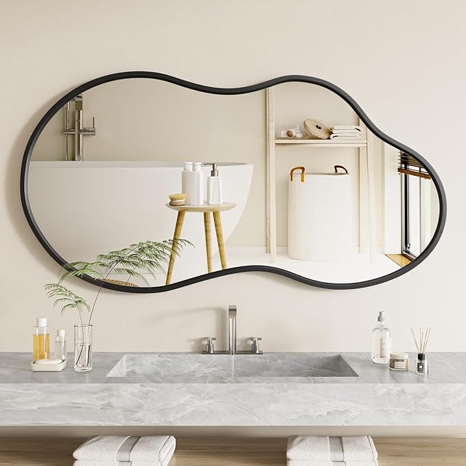20”x 36” Irregular Wall Mirror, Asymmetrical Bathroom Vanity Mirror, Unique Shape Metal Framed Black Mirrors, Decorative Mirrors for Bedroom Living Room Entryway Wall-Mounted