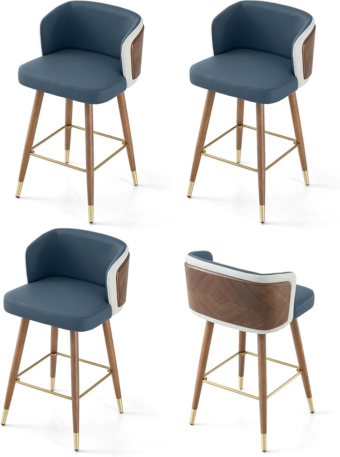 ARTPLAN Mid Century Modern Bar Stools Set of 4 for Counter Height - Leather Upholstered Seat with Walnut Wood Frame, Retro 34 Inch Bar Chairs for Home Kitchen Island, Bar, Breakfast Nook,Navy Blue
