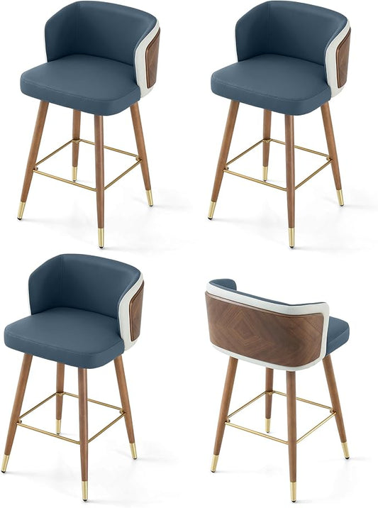 ARTPLAN Mid Century Modern Bar Stools Set of 4 for Counter Height - Leather Upholstered Seat with Walnut Wood Frame, Retro 34 Inch Bar Chairs for Home Kitchen Island, Bar, Breakfast Nook,Navy Blue