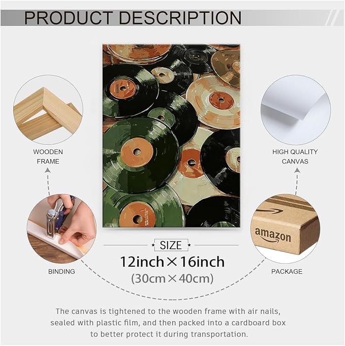 Music Vinyl Records Poster Vintage Abstract Mid Century Wall Art Modern Trendy Canvas Aesthetic Prints for Living Room Bedroom Wall Decor 012X16 inch Wood Framed Music Lovers Gifts