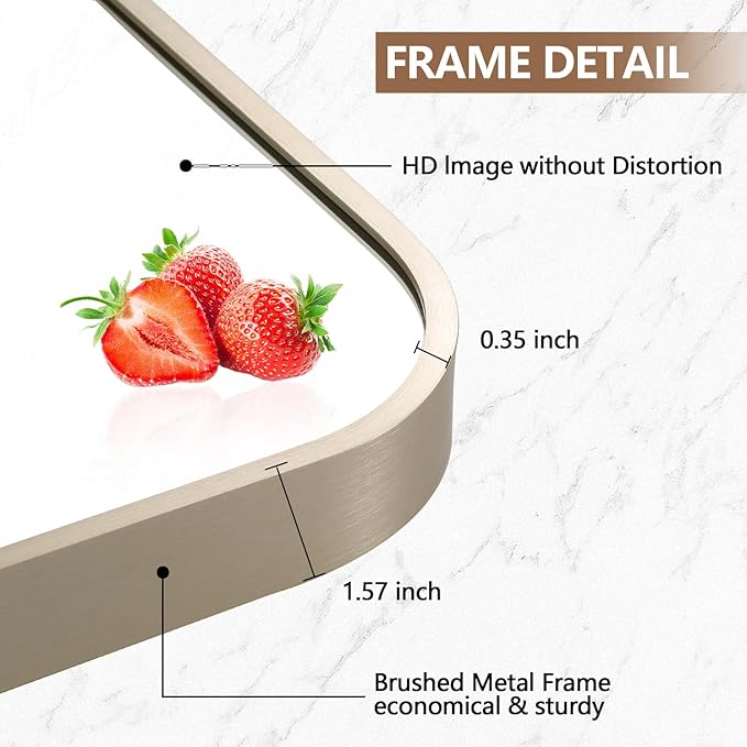 22x30 Inch Brushed Nickel Bathroom Mirror, Framed Rectangle Mirror with Rounded Corner, Brushed Mirror, Silver Bathroom Mirror for Over Sink, Vanity, Living Room, Bedroom, Horizontal/Vertical