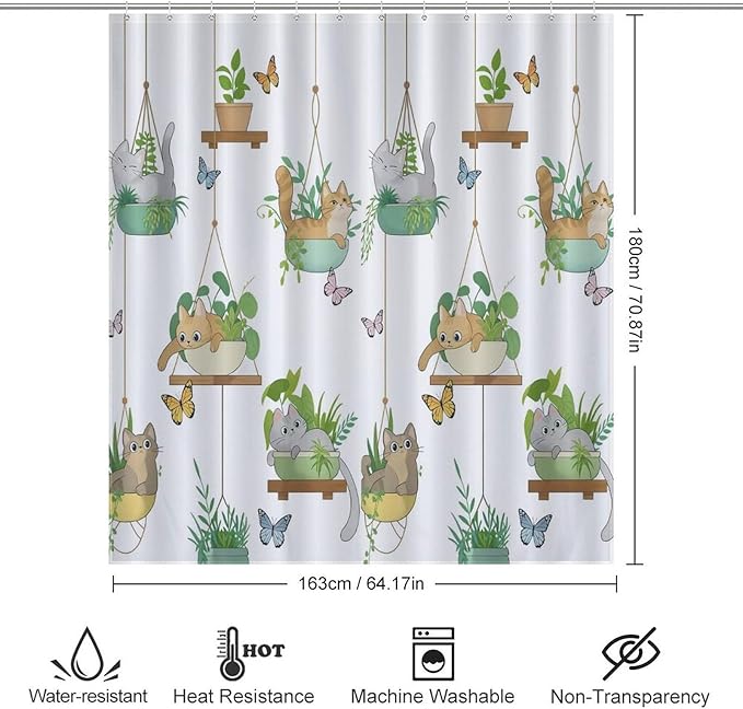 Cat Shower Curtain,Rustic Farmhouse Hanging Potted Plants Funny Animals Bathroom Curtain Polyester Waterproof Fabric Decor 66x72in（168x183cm）