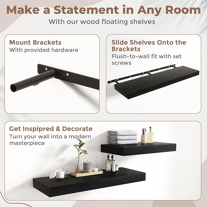 Marsmiles 12" Deep Floating Shelves for Wall with Invisible Brackets, Wall Mounted Engineered Wood Shelves with Wood Grain for Living Room, Bedroom, Kitchen Decor and Storage, 55" L Set of 1, Black