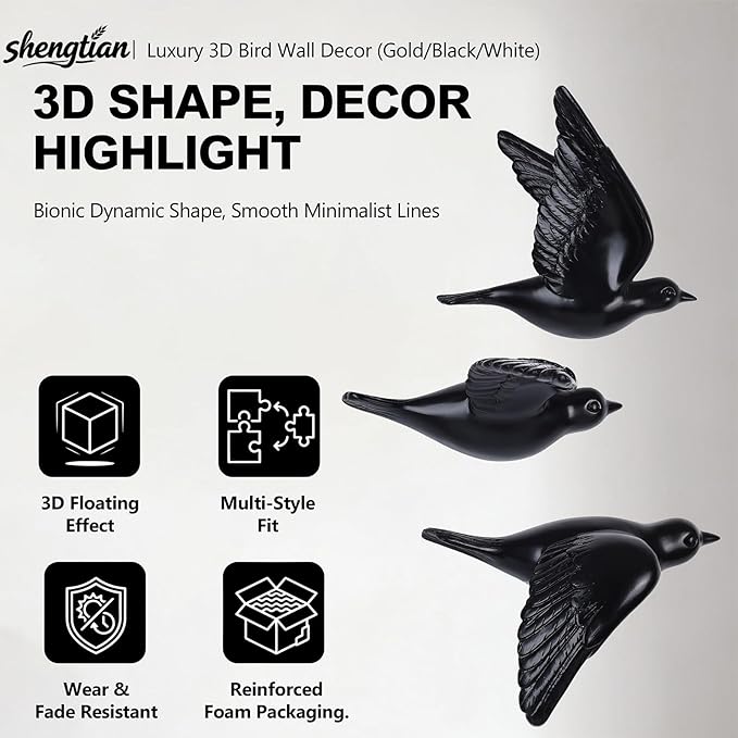 SHENGTIAN Black Resin Bird Wall Sculptures Set of 3, 3D Wall Art Decor for Living Room, Modern Black Wall Decor & Bird Gallery Wall Art