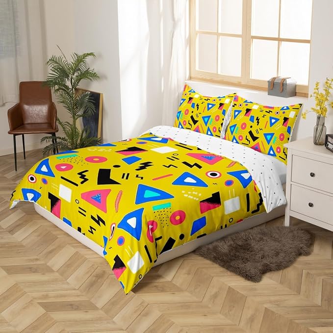 Memphis Geometric Pattern Comforter Cover Set King Size,Retro Style Round Half Moon Triangle Shapes Artwork Duvet Cover Colorful Graphic 80s 90S Style Bedding Set Abstract 1990S Memphis Home Decor
