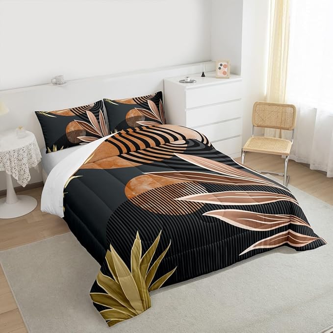 Erosebridal Boho Mid Century Comforter Set King Modern Minimalist Simplistic Bedding Set,Retro Geometric Aesthetic Down Comforter Line Art Duvet Insert Circle Stripes Decor,Brown Black