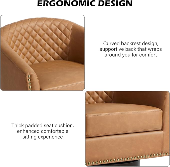 Swivel Barrel Accent Chair, Comfy Modern Upholstered Round Faux Leather Arm Chair for Living Room, Bedroom - Coffee, Set of 4