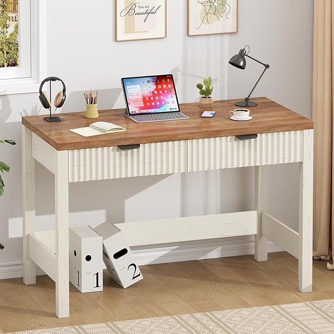 YOMILUVE Fluted Computer Desk with 2 Drawers, 39 Inch Small Computer Desk with Storage, Compact Writing Study Vanity Desk for Small Spaces, Antique White
