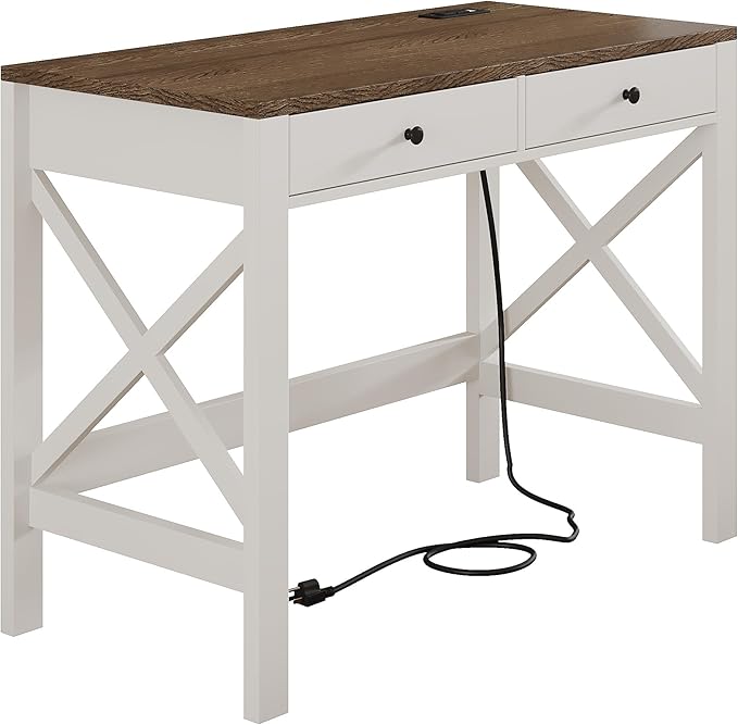 ChooChoo Computer Desk with USB Charging Ports and Power Outlets, Modern Simple 40 Inches Desk with Drawers, Makeup Vanity Console Table, Soft White